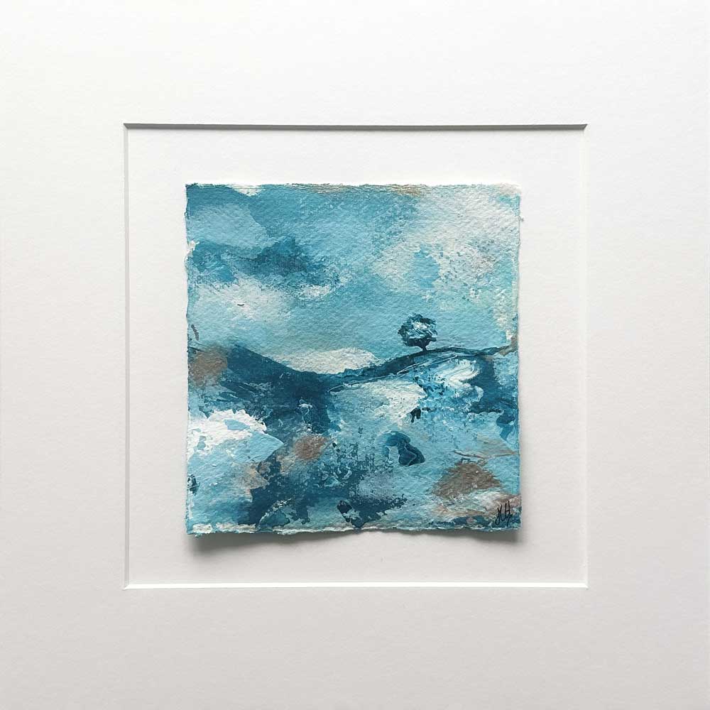 Original turquoise small square tree landscape painting. High On A Hill Mini II by Jayne Leighton Herd.