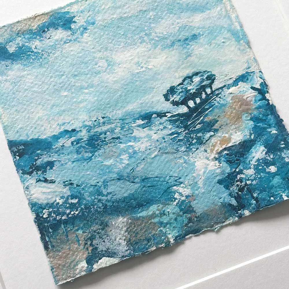 Original turquoise small square tree landscape painting. High On A Hill Mini III by Jayne Leighton Herd.