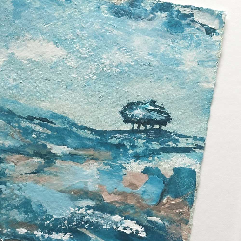 Original turquoise small square tree landscape painting. High On A Hill Mini IV by Jayne Leighton Herd.