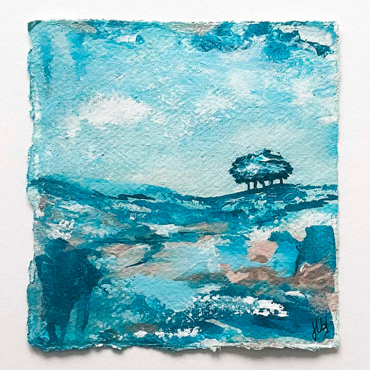 Original turquoise small square tree landscape painting. High On A Hill Mini IV by Jayne Leighton Herd.