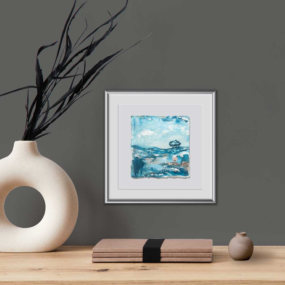 Original turquoise small square tree landscape painting. High On A Hill Mini IV by Jayne Leighton Herd. Giftable artwork perfect for living spaces, bedrooms & offices.