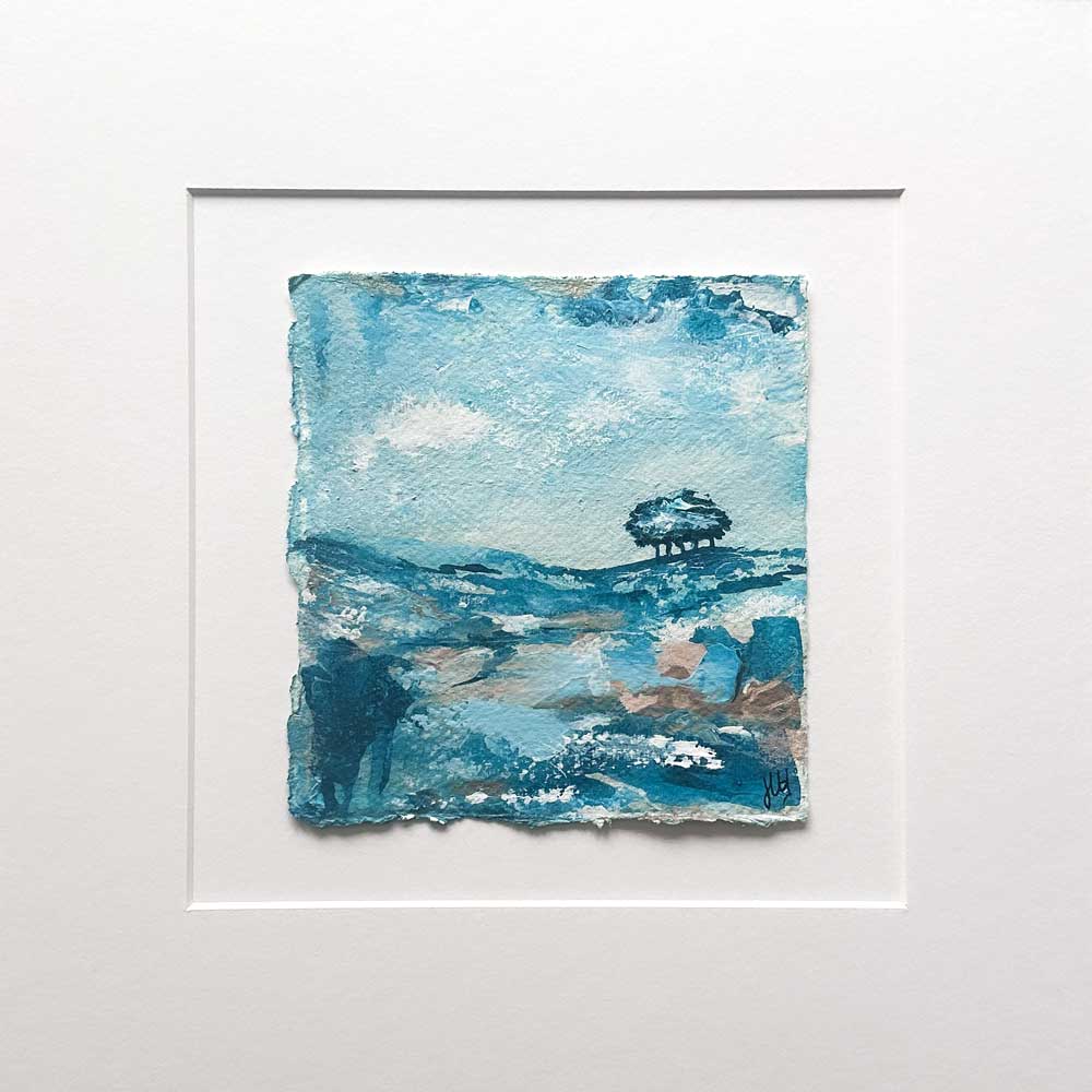 Original turquoise small square tree landscape painting. High On A Hill Mini IV by Jayne Leighton Herd.