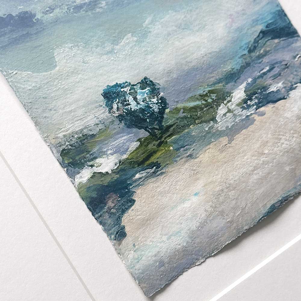 Original turquoise small square tree landscape painting. High On A Hill Mini VIII by Jayne Leighton Herd.