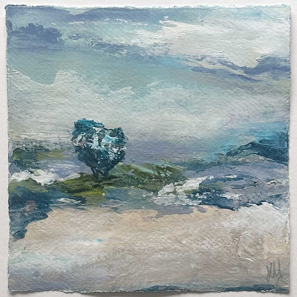 Original turquoise small square tree landscape painting. High On A Hill Mini VIII by Jayne Leighton Herd.