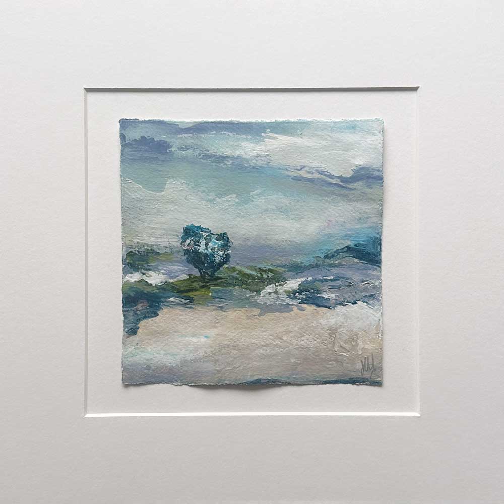 Original turquoise small square tree landscape painting. High On A Hill Mini VIII by Jayne Leighton Herd.