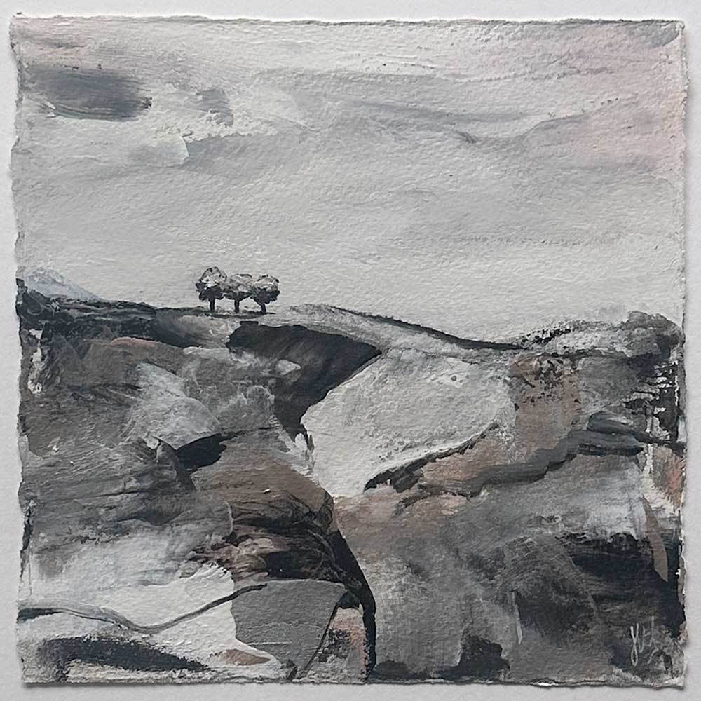 Original copper, silver black & white small square tree landscape painting. High On A Hill V by Jayne Leighton Herd.