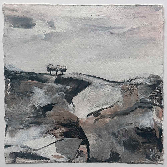 Original copper, silver black & white small square tree landscape painting. High On A Hill V by Jayne Leighton Herd.