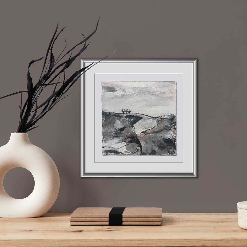 Original copper, silver black & white small square tree landscape painting. High On A Hill V by Jayne Leighton Herd. Metallic artwork perfect for living spaces, bedrooms & offices.