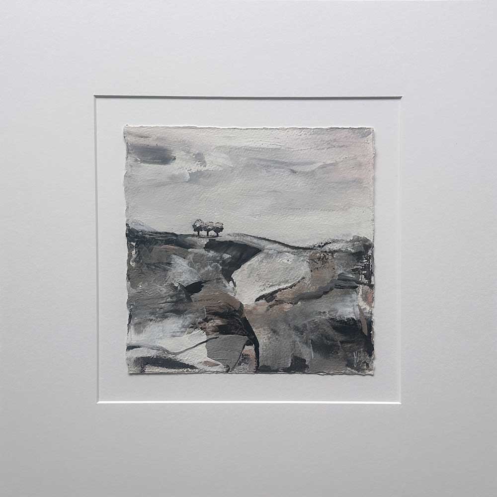 Original copper, silver black & white small square tree landscape painting. High On A Hill V by Jayne Leighton Herd.