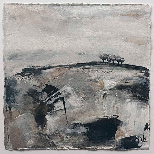 Original copper, silver black & white small square tree landscape painting. High On A Hill VI by Jayne Leighton Herd.