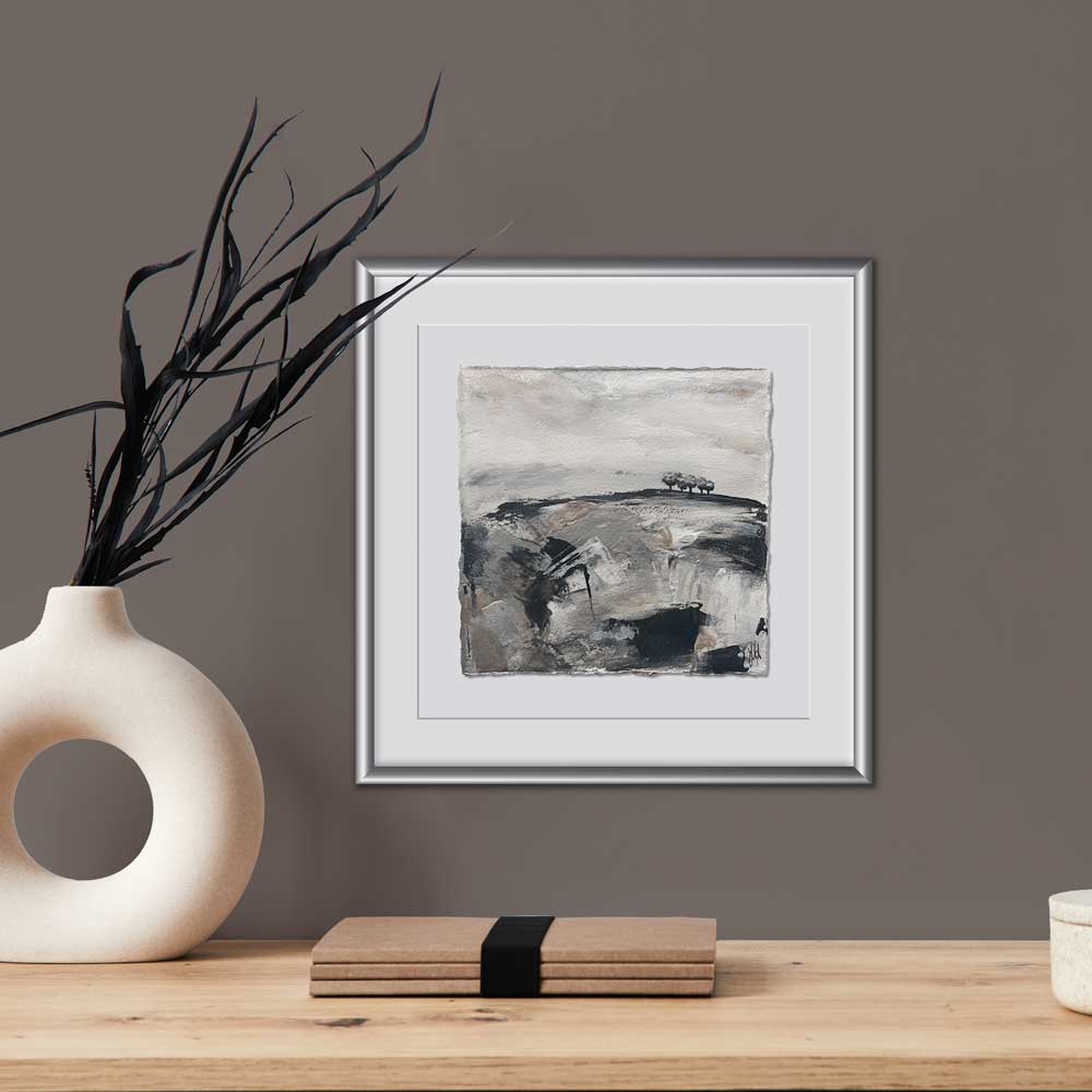 Original copper, silver black & white small square tree landscape painting. High On A Hill VI by Jayne Leighton Herd. Metallic artwork perfect for living spaces, bedrooms & offices.