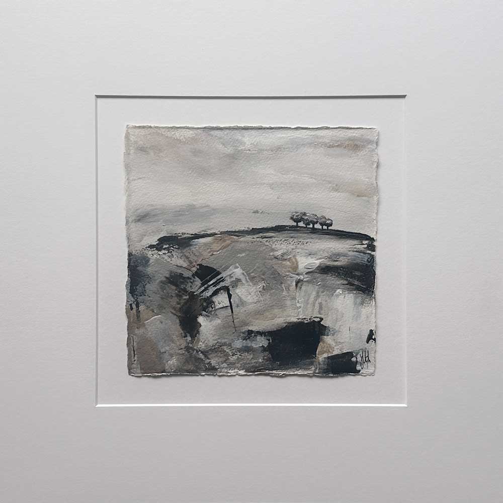 Original copper, silver black & white small square tree landscape painting. High On A Hill VI by Jayne Leighton Herd.