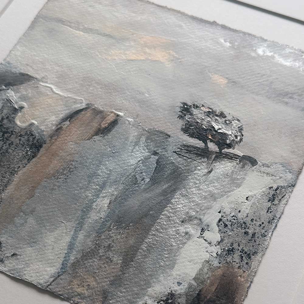 Original silver, copper, black & white small square metallic tree landscape painting. High On A Hill VII by Jayne Leighton Herd.