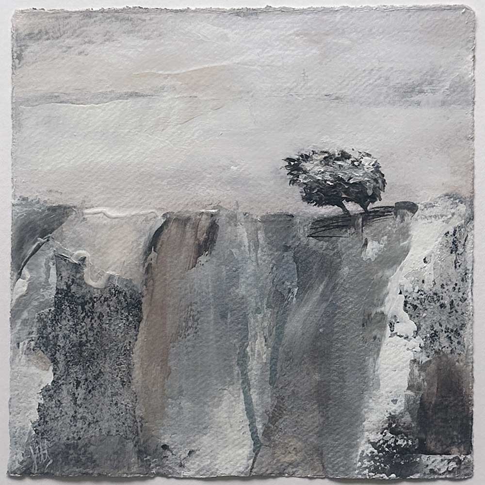 Original silver, copper, black & white small square metallic tree landscape painting. High On A Hill VII by Jayne Leighton Herd.