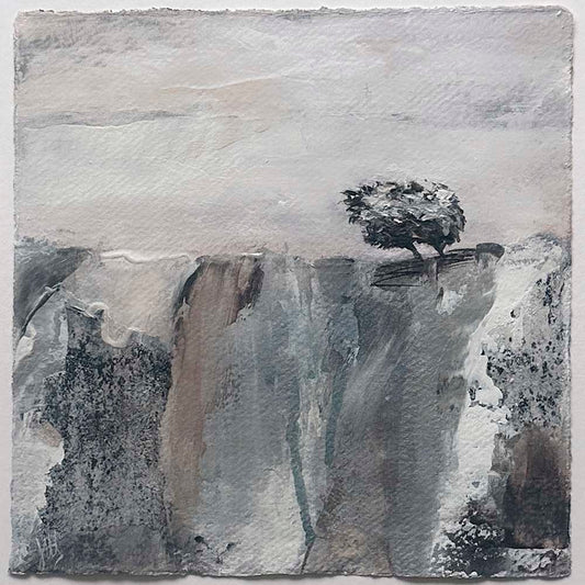 Original silver, copper, black & white small square metallic tree landscape painting. High On A Hill VII by Jayne Leighton Herd.