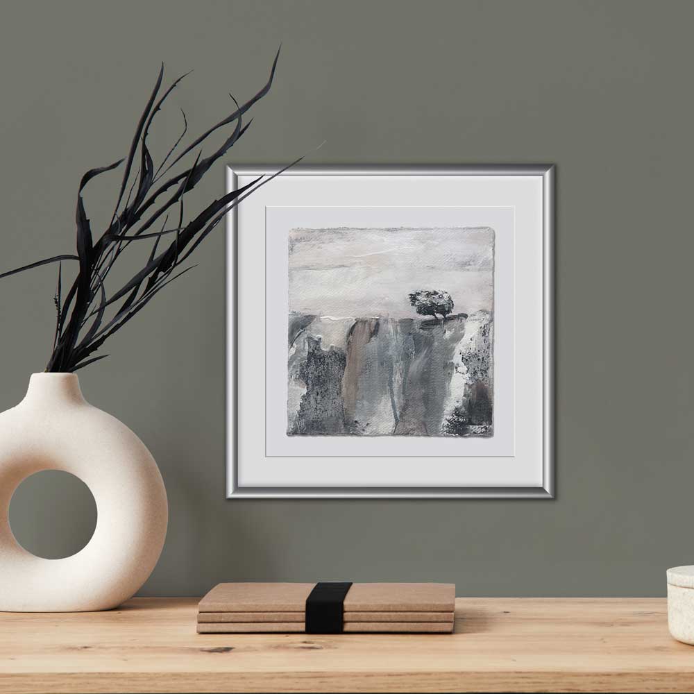 Original silver, copper, black & white small square metallic tree landscape painting. High On A Hill VII by Jayne Leighton Herd. Metallic artwork perfect for living spaces, bedrooms & offices.