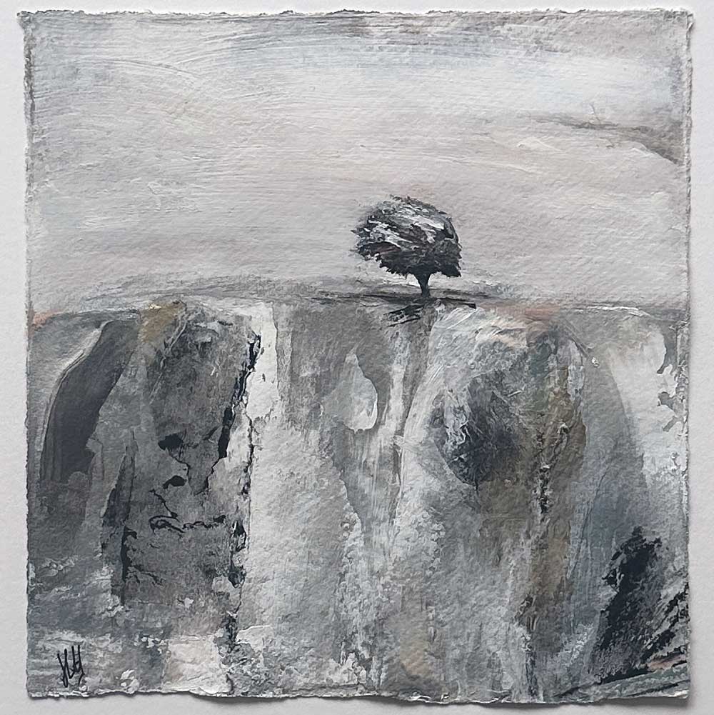 Original silver, copper, black & white small square metallic tree landscape painting. High On A Hill VIII by Jayne Leighton Herd.