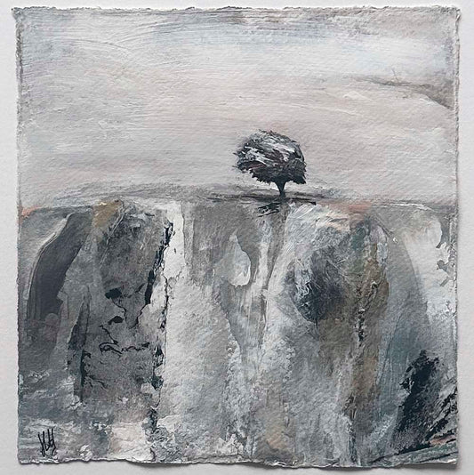 Original silver, copper, black & white small square metallic tree landscape painting. High On A Hill VIII by Jayne Leighton Herd.