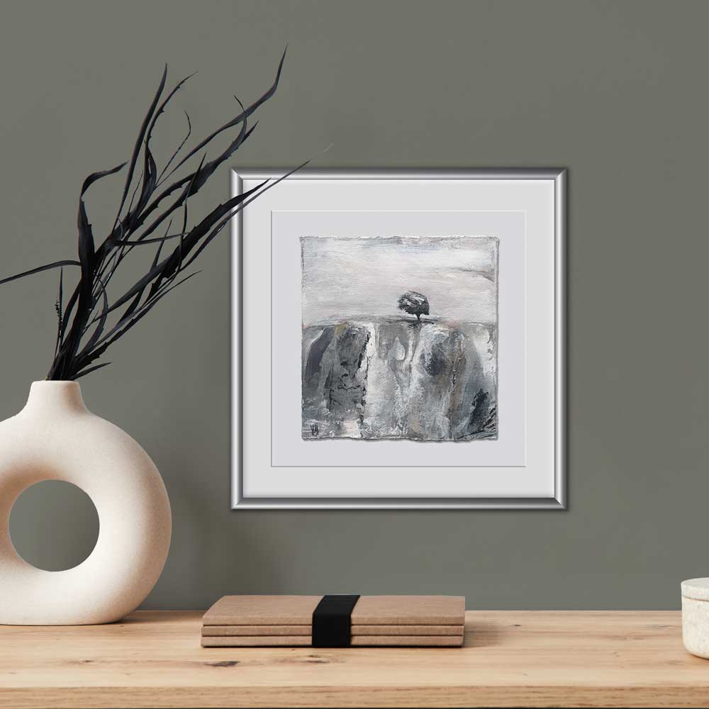 Original silver, copper, black & white small square metallic tree landscape painting. High On A Hill VIII by Jayne Leighton Herd. Metallic artwork perfect for living spaces, bedrooms & offices.