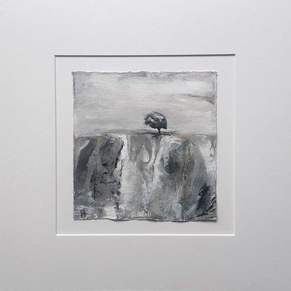 Original silver, copper, black & white small square metallic tree landscape painting. High On A Hill VIII by Jayne Leighton Herd.