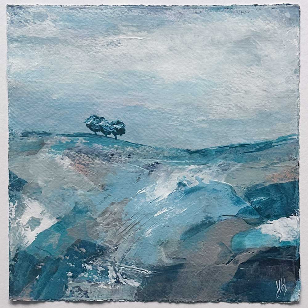 Original teal, silver & turquoise green small square tree landscape painting. High On A Hill X by Jayne Leighton Herd.