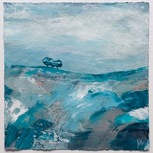 Original teal, silver & turquoise green small square tree landscape painting. High On A Hill X by Jayne Leighton Herd.