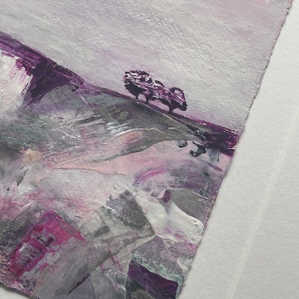 Original pink & silver small square tree landscape painting. High On A Hill XI by Jayne Leighton Herd.