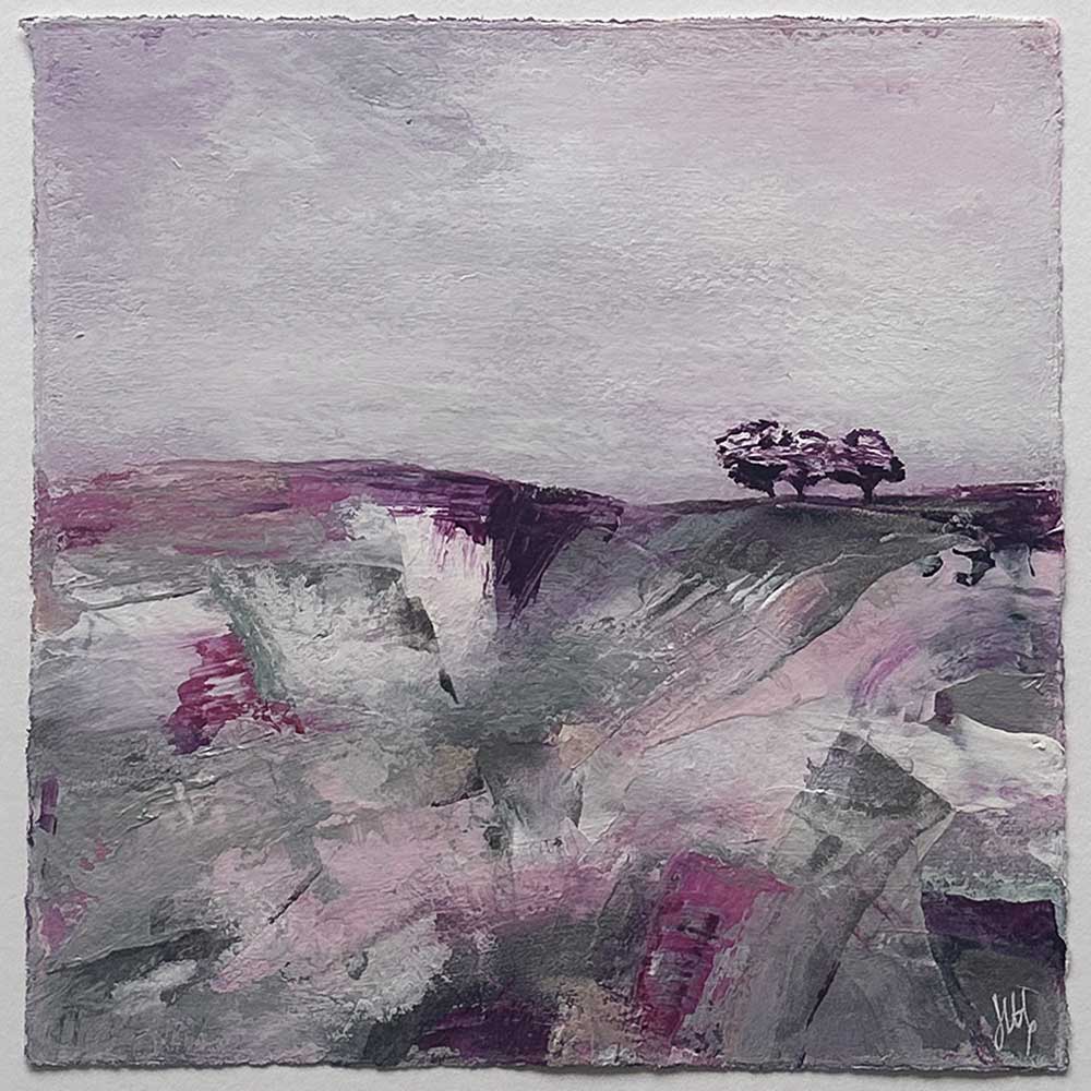 Original pink & silver small square tree landscape painting. High On A Hill XI by Jayne Leighton Herd.