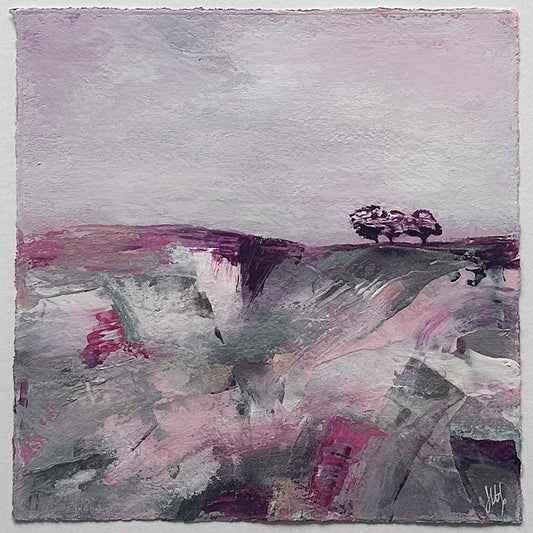 Original pink & silver small square tree landscape painting. High On A Hill XI by Jayne Leighton Herd.