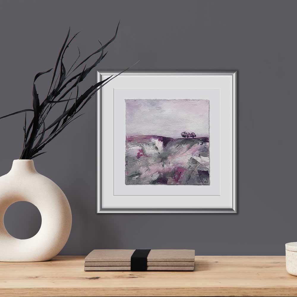 Original pink & silver small square tree landscape painting. High On A Hill XI by Jayne Leighton Herd. Metallic artwork perfect for living spaces, bedrooms & offices.