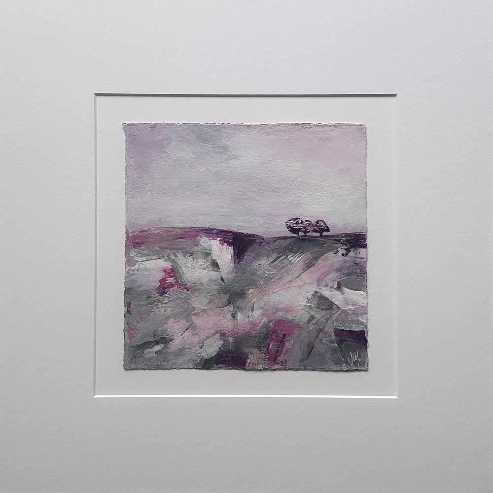 Original pink & silver small square tree landscape painting. High On A Hill XI by Jayne Leighton Herd.