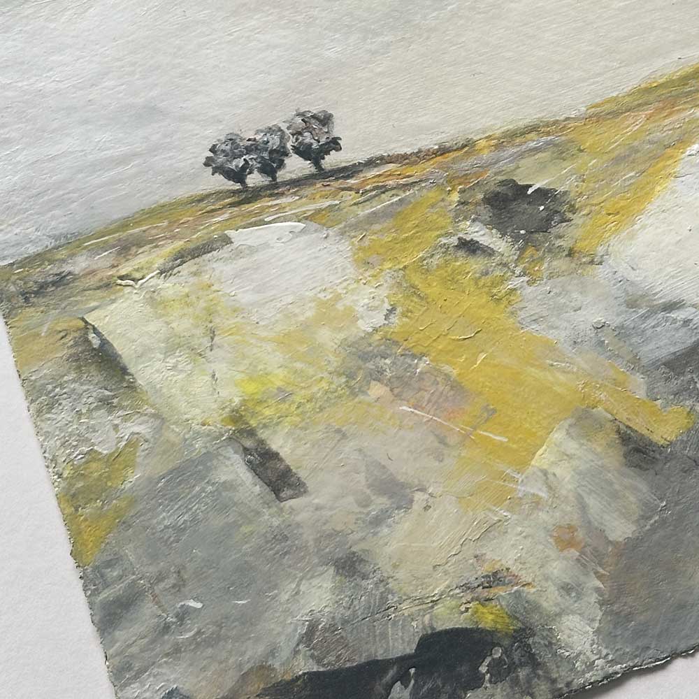 Original yellow & silver small square tree landscape painting. High On A Hill XII by Jayne Leighton Herd.