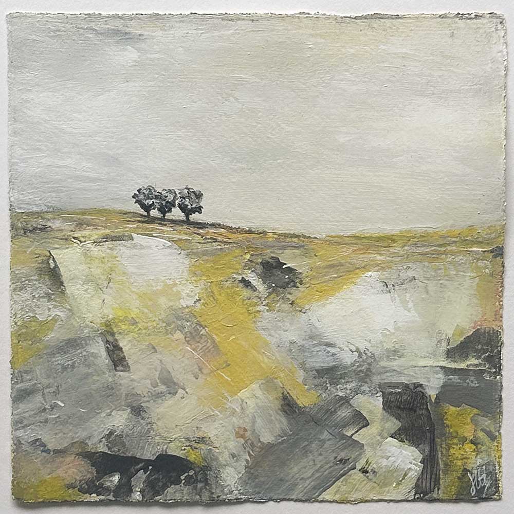 Original yellow & silver small square tree landscape painting. High On A Hill XII by Jayne Leighton Herd.