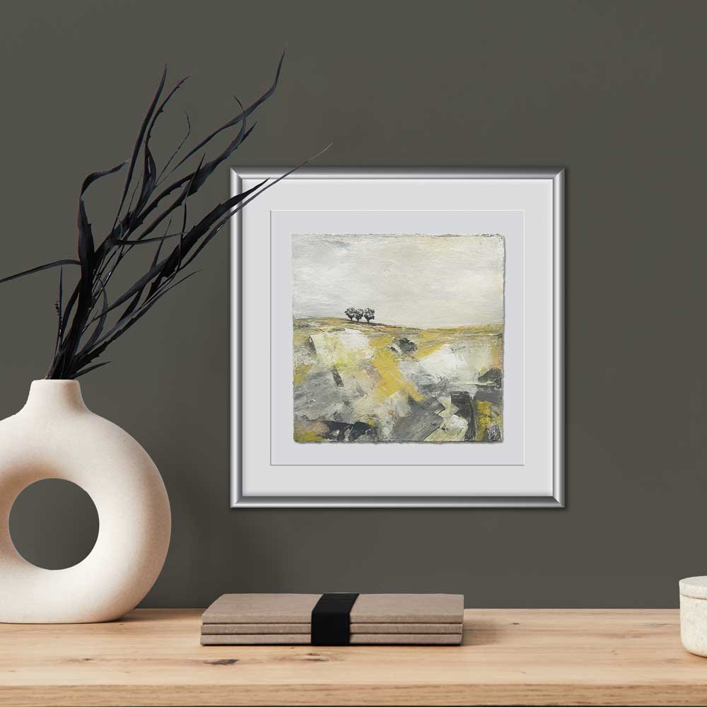 Original yellow & silver small square tree landscape painting. High On A Hill XII by Jayne Leighton Herd. Metallic artwork perfect for living spaces, bedrooms & offices.