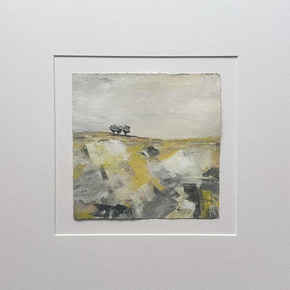 Original yellow & silver small square tree landscape painting. High On A Hill XII by Jayne Leighton Herd.