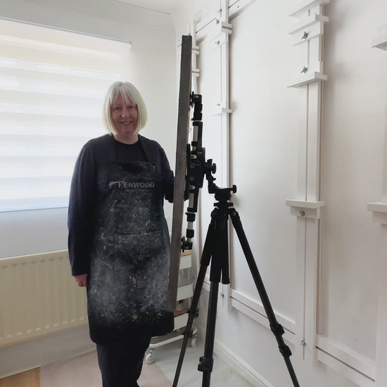 Video reveal of large black, white & metallic original semi-abstract landscape painting on wood - Standing Quiet by Jayne Leighton Herd. 