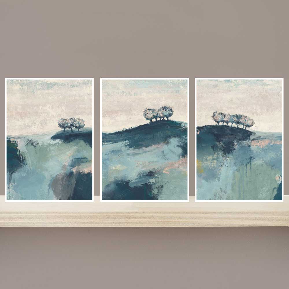 Set of 3 mini landscape fine art prints in a gift envelope. Thriving In Solitude green trees artwork by Jayne Leighton Herd. Give a gift of art.