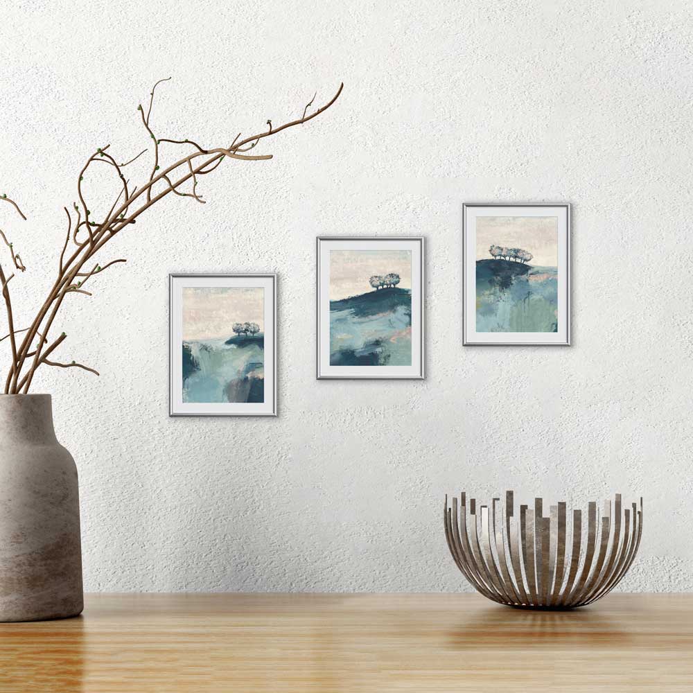 Set of 3 mini landscape fine art prints in a gift envelope. Thriving In Solitude green trees artwork by Jayne Leighton Herd. Give a gift of art.