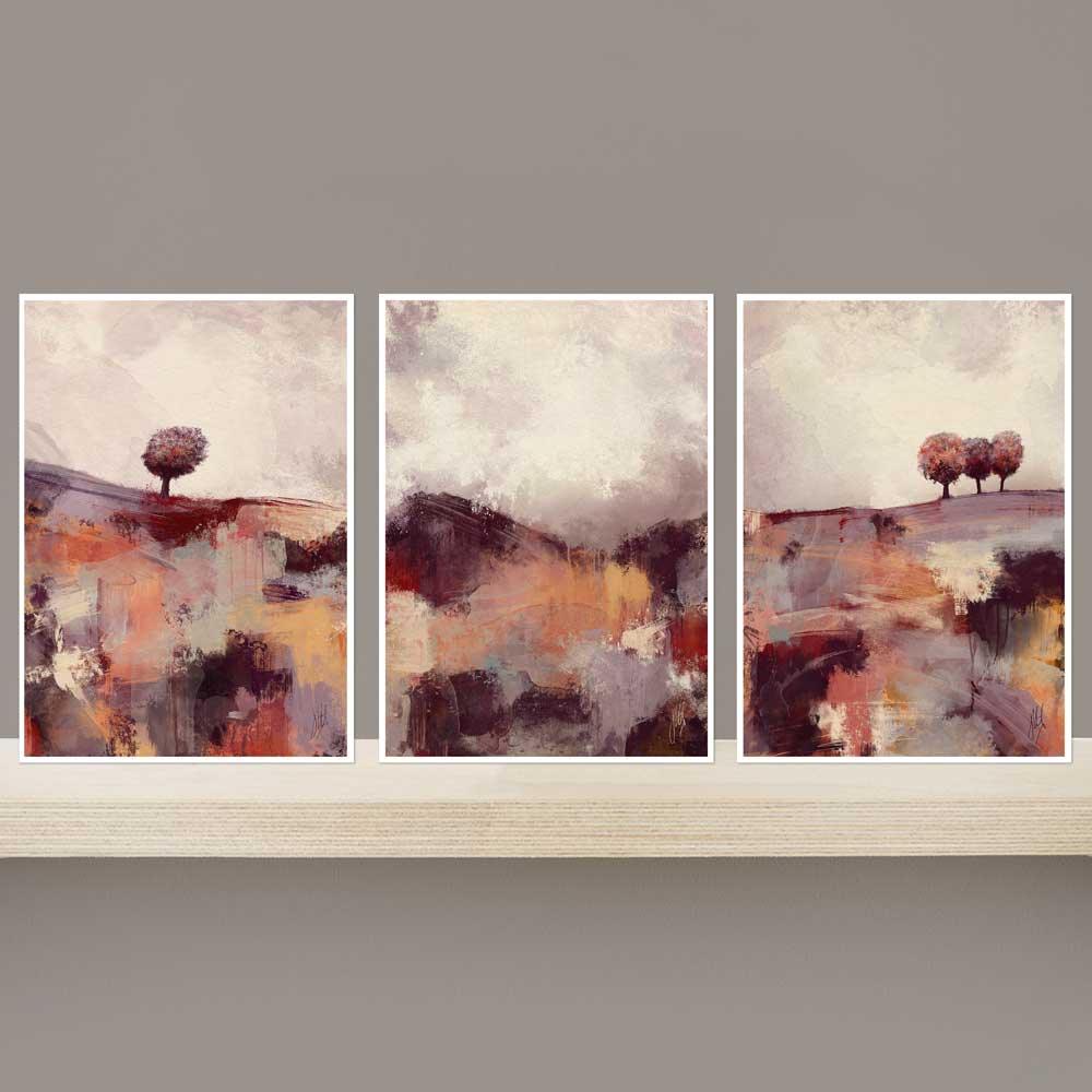 Set of 3 orange & red mini landscape fine art prints - As The Season Turns orange & red trees artwork by Jayne Leighton Herd.