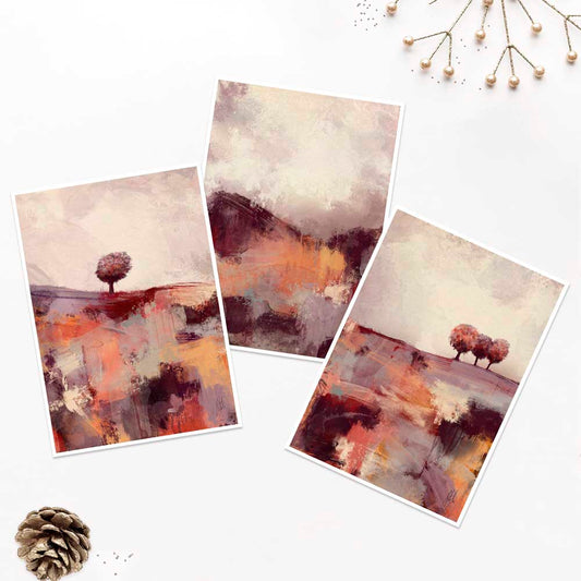 Set of 3 orange & red mini landscape fine art prints - As The Season Turns orange & red trees artwork by Jayne Leighton Herd.