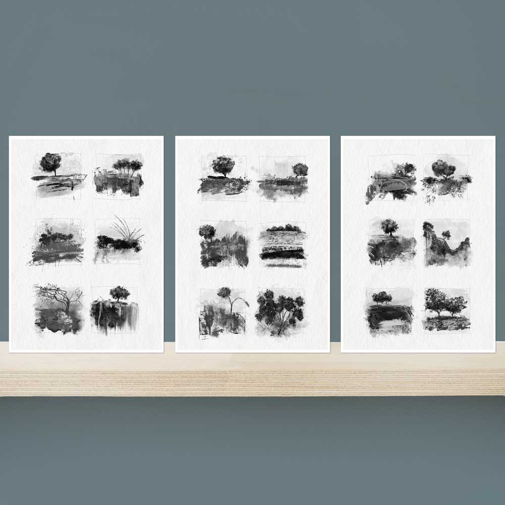 Set of 3 mini landscape fine art prints in a gift envelope. Little Trees I black & white monochrome tree and landscape studies and sketches by Jayne Leighton Herd. Give a gift of art.