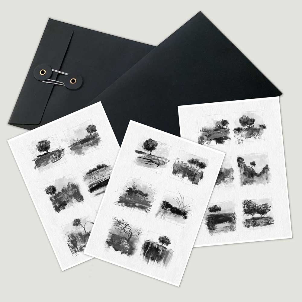 Set of 3 mini landscape fine art prints in a gift envelope. Little Trees I black & white monochrome tree and landscape studies and sketches by Jayne Leighton Herd. Give a gift of art.