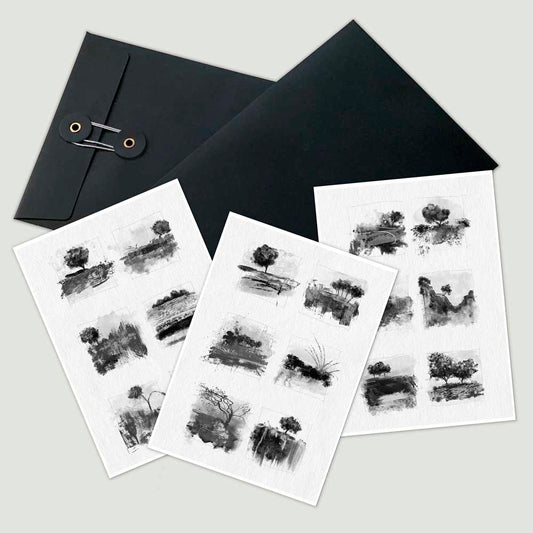 Set of 3 mini landscape fine art prints in a gift envelope. Little Trees I black & white monochrome tree and landscape studies and sketches by Jayne Leighton Herd. Give a gift of art.