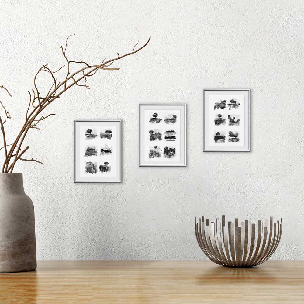 Set of 3 mini landscape fine art prints in a gift envelope. Little Trees I black & white monochrome tree and landscape studies and sketches by Jayne Leighton Herd. Give a gift of art.