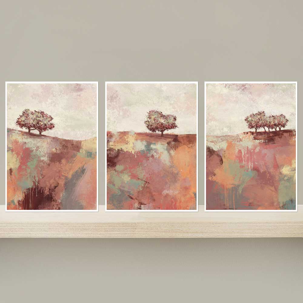 Set of 3 mini landscape fine art prints in a gift envelope. Spring Dance orange trees artwork by Jayne Leighton Herd. Give a gift of art.