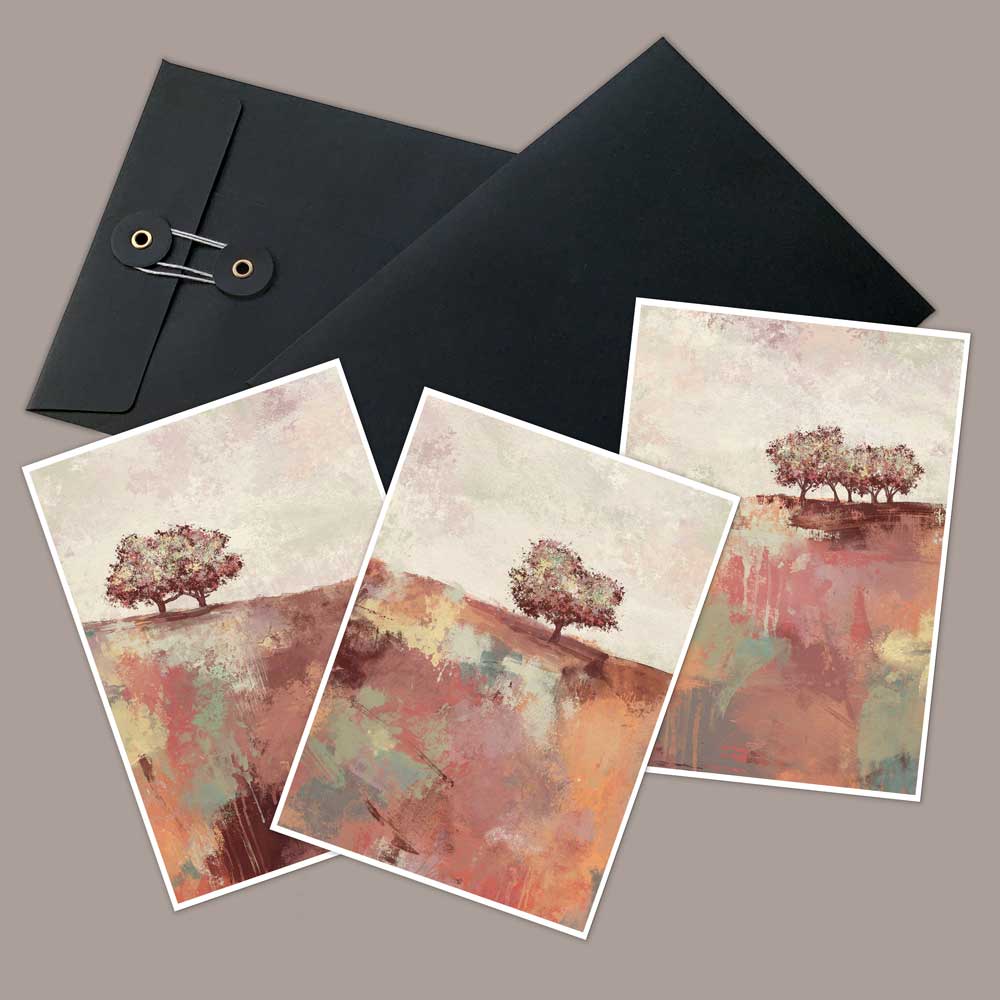 Set of 3 mini landscape fine art prints in a gift envelope. Spring Dance orange trees artwork by Jayne Leighton Herd. Give a gift of art.