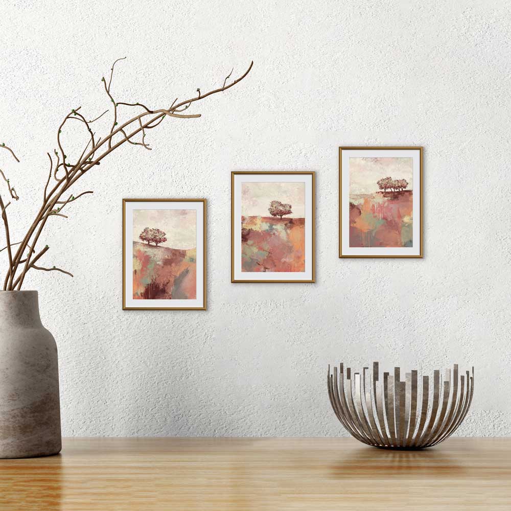 Set of 3 mini landscape fine art prints in a gift envelope. Spring Dance orange trees artwork by Jayne Leighton Herd. Give a gift of art.