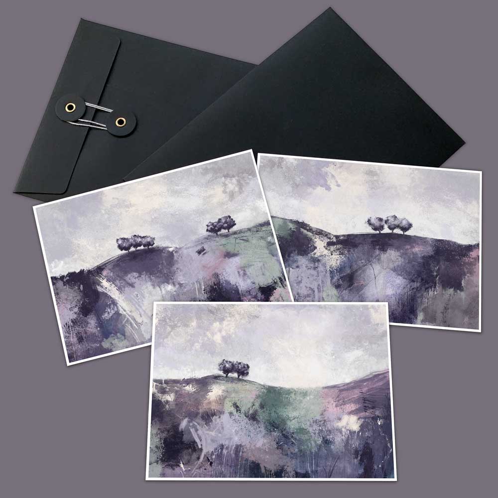 Set of 3 mini landscape fine art prints in a gift envelope. Gather Round purple trees artwork by Jayne Leighton Herd. Give a gift of art.