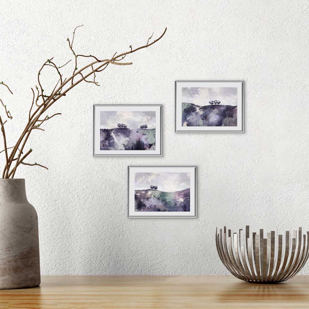 Set of 3 mini landscape fine art prints. Gather Round purple trees artwork by Jayne Leighton Herd. Give a gift of art.