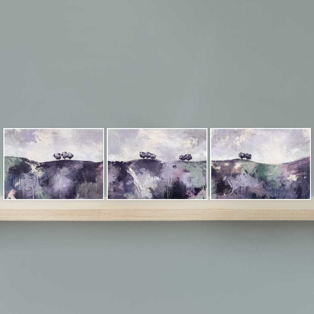 Set of 3 mini landscape fine art prints in a gift envelope. Gather Round purple trees artwork by Jayne Leighton Herd. Give a gift of art.